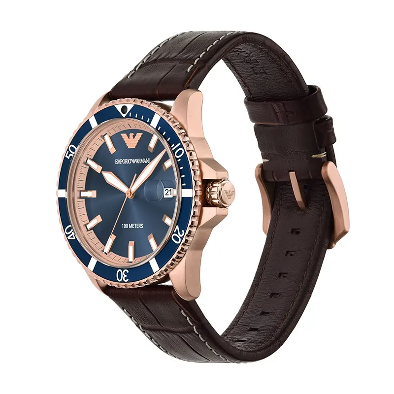 Emporio Armani Diver Blue Dial Leather Men's Watch- AR11556